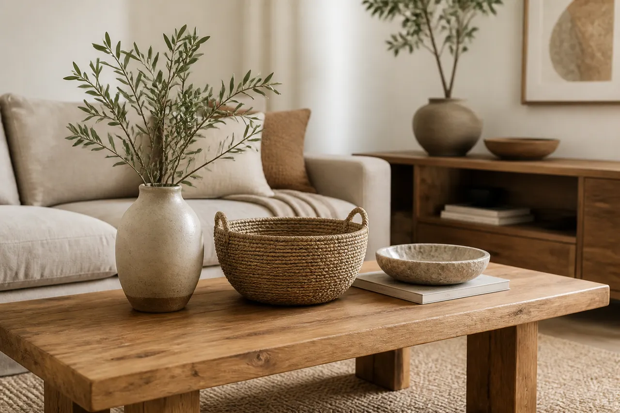 decor natural cu materiale din lemn ceramică și fibre
