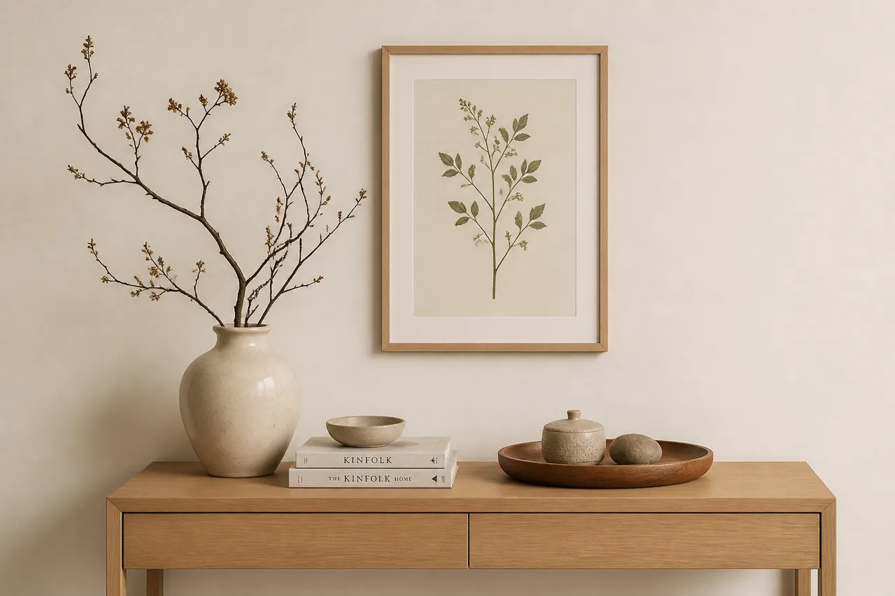 decor natural minimalist cu obiecte atent organizate