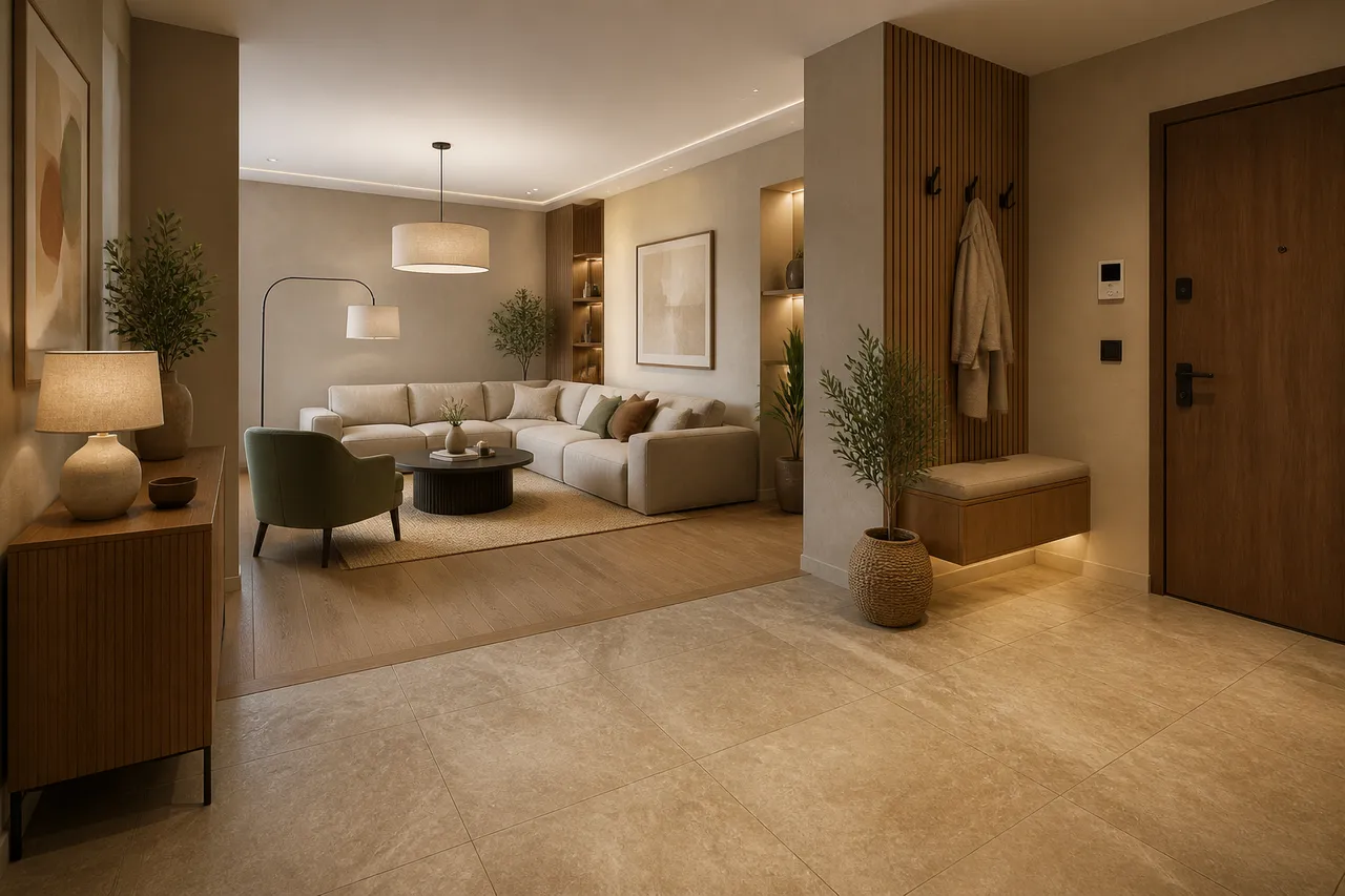 design interior cu gresie și parchet