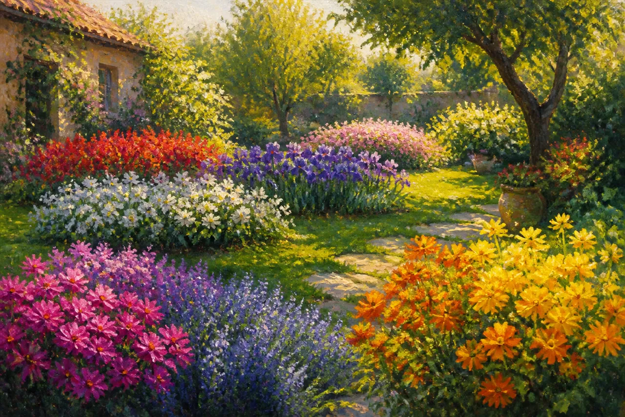 grădină cu flori grupate pe culori stil Monet